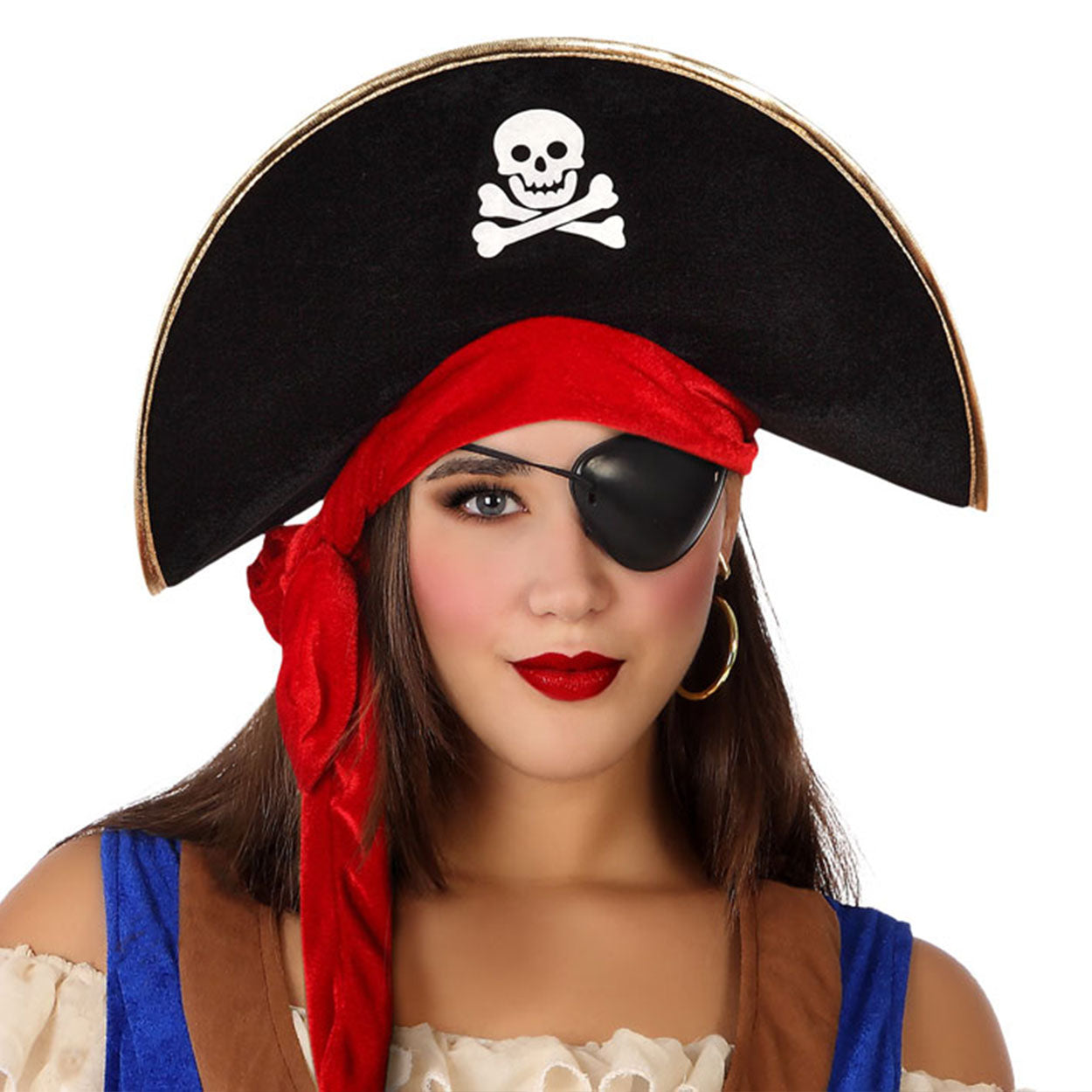 Cappello pirata tricorno nero ricamo in oro motivo a teschio bianco
