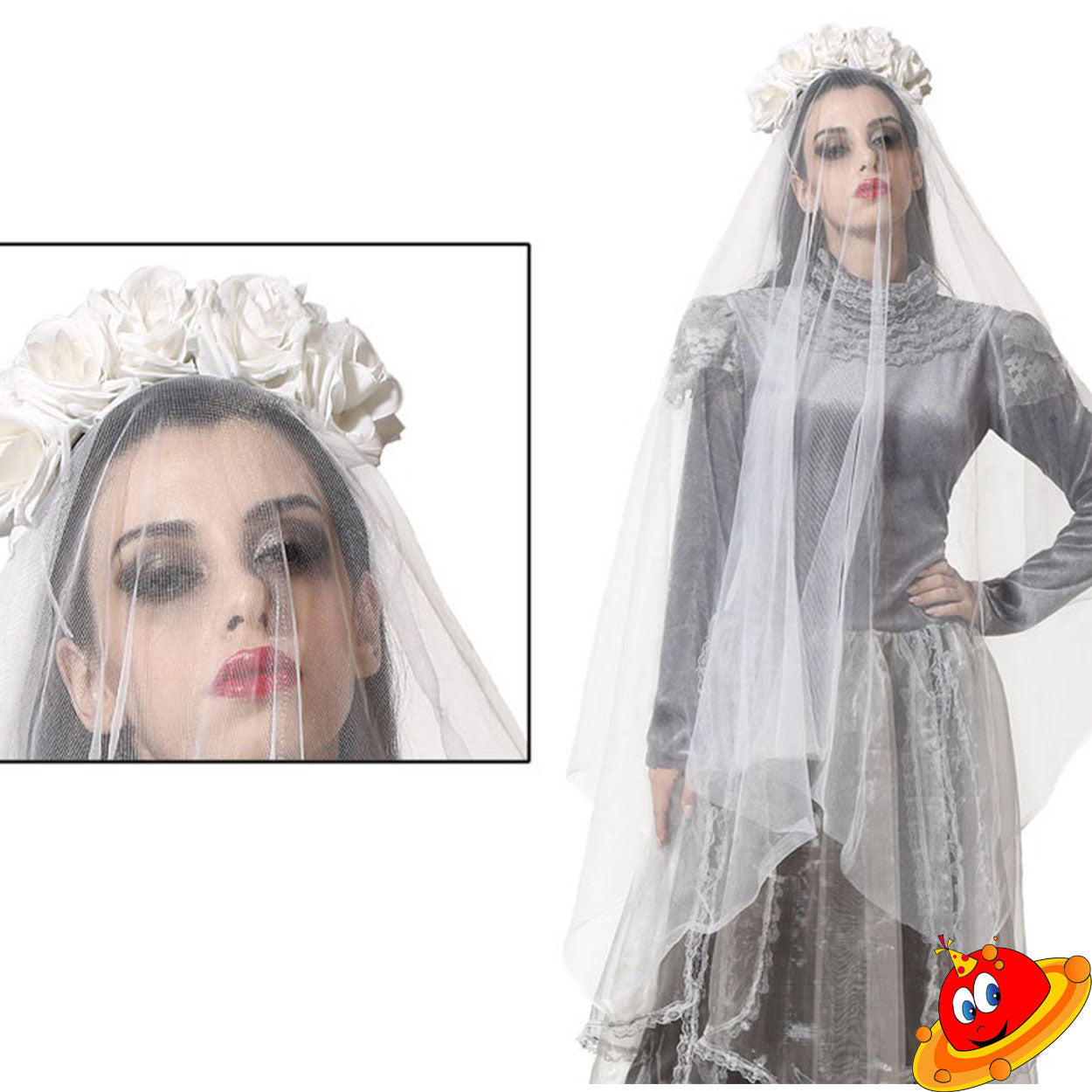 Travestimento Sposa Fantasma con rose e velo bianco