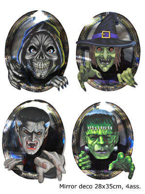 🪞 Set Decorazioni Specchio Halloween 28x35 cm – 4 Soggetti Horror Assortiti