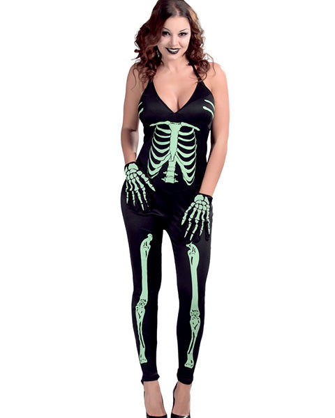 💀 Costume Scheletro Donna Nero – Tuta Halloween con Guanti Stampa Ossa Glow Style