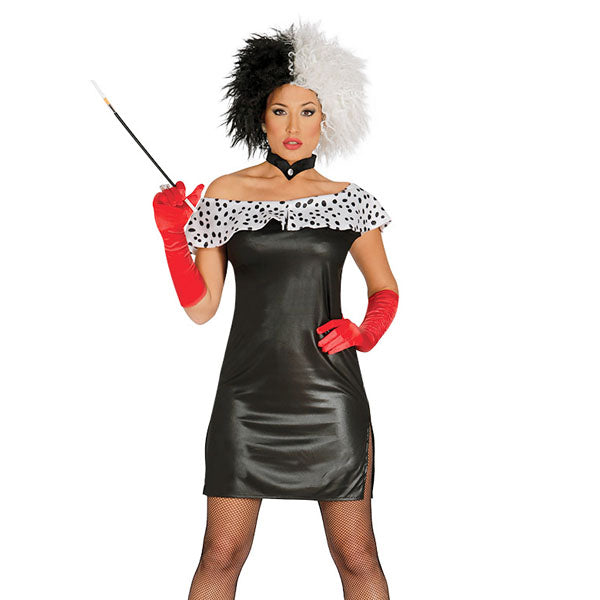 🖤🤍 Costume Crudelia Donna – Vestito Nero con Dettagli Maculati Halloween Carnevale