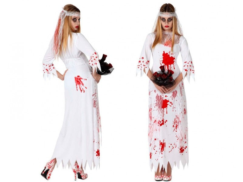 👰‍♀️ Costume Sposa Horror Donna Bianco – Vestito Halloween Insanguinato con Velo