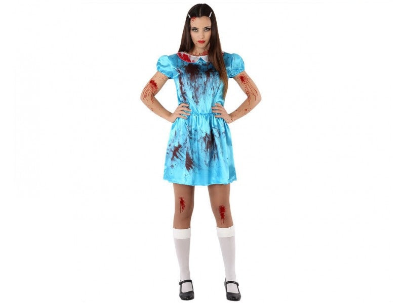 🩸 Costume Bambola Horror Donna – Vestito Azzurro Halloween Insanguinato