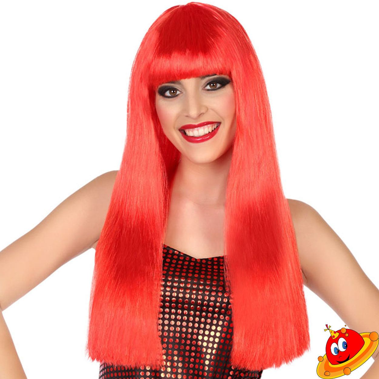 Parrucca lunga liscia 60 cm rossa con frangia
