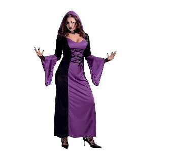 🧙‍♀️ Costume Strega Donna Viola e Nero – Vestito Lungo con Cappuccio Halloween
