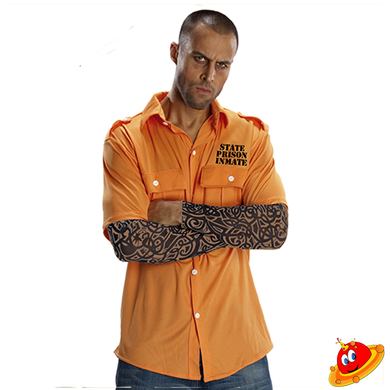 Costume Uomo Carcerato Prigioniero Camicia Arancione con maniche tatuate Tg 52/54