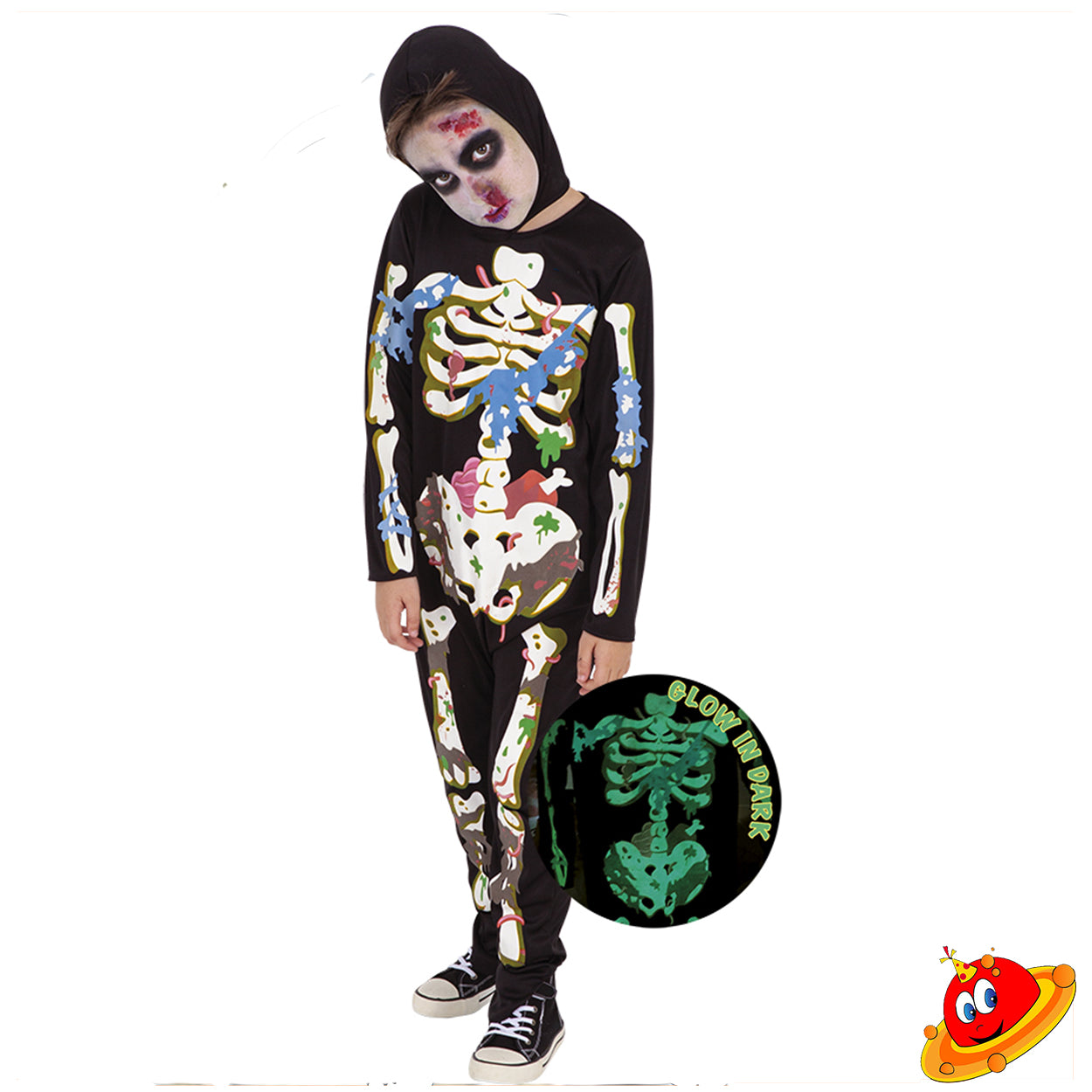 Costume Bambino Bambina Scheletro Zombie Fluorescente Tg 5-10 anni